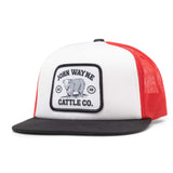 red, white, and black trucker hat with patch of cattle 