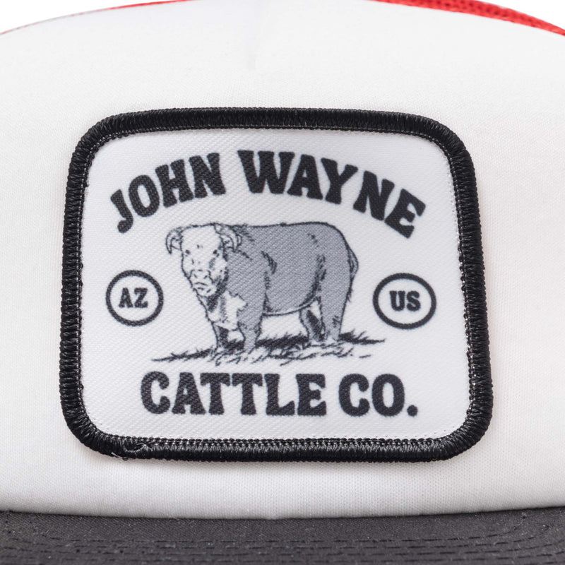close up of patch with cattle and "john wayne cattle co."
