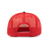 red mesh back of hat with adjustable snapback closure 