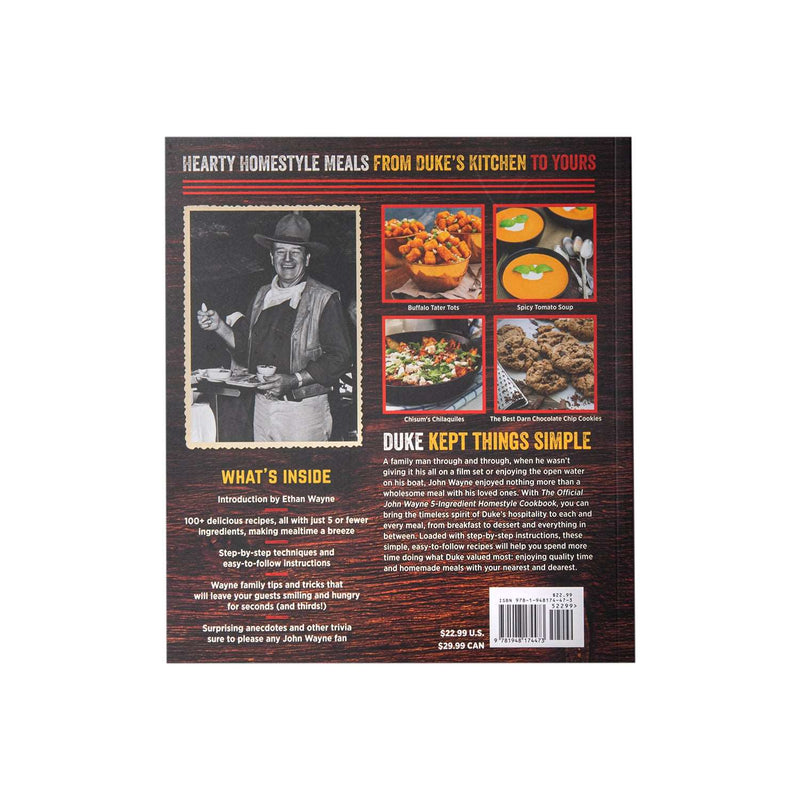 back of John Wayne 5 ingredient homestyle cook book with john wayne and four food dishes on it