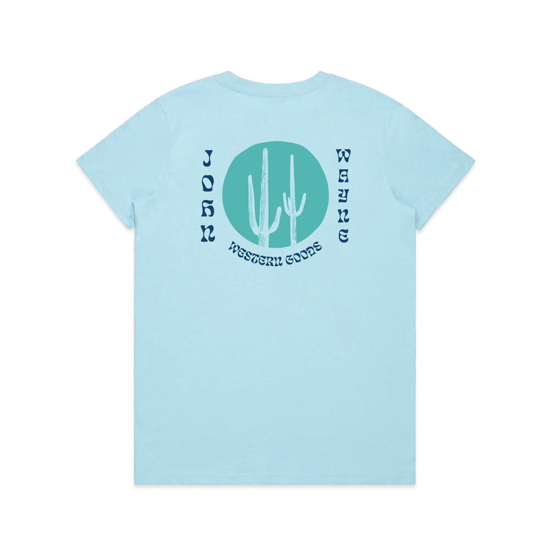 back of women's t-shirt with cacti and "john wayne western goods" text 
