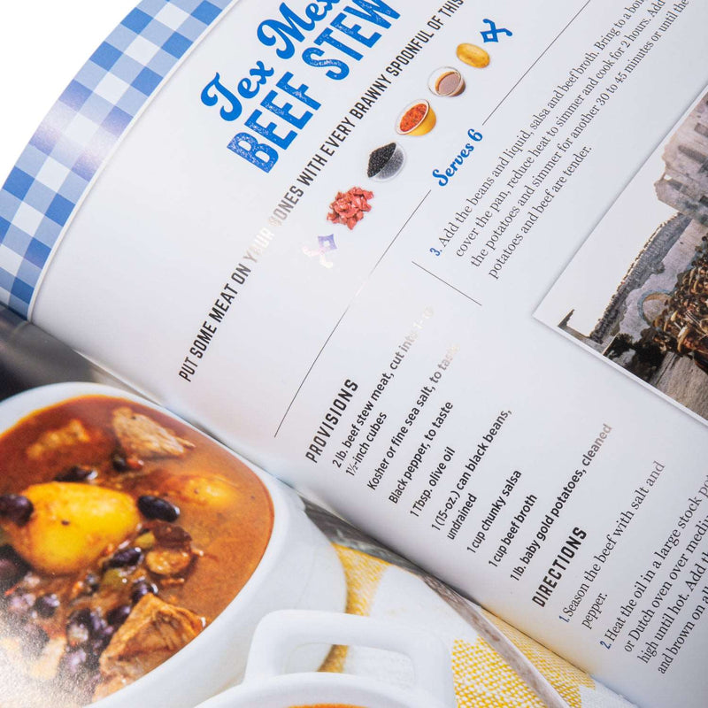 close up of beef stew page in john wayne 5 ingredient homestyle cook book