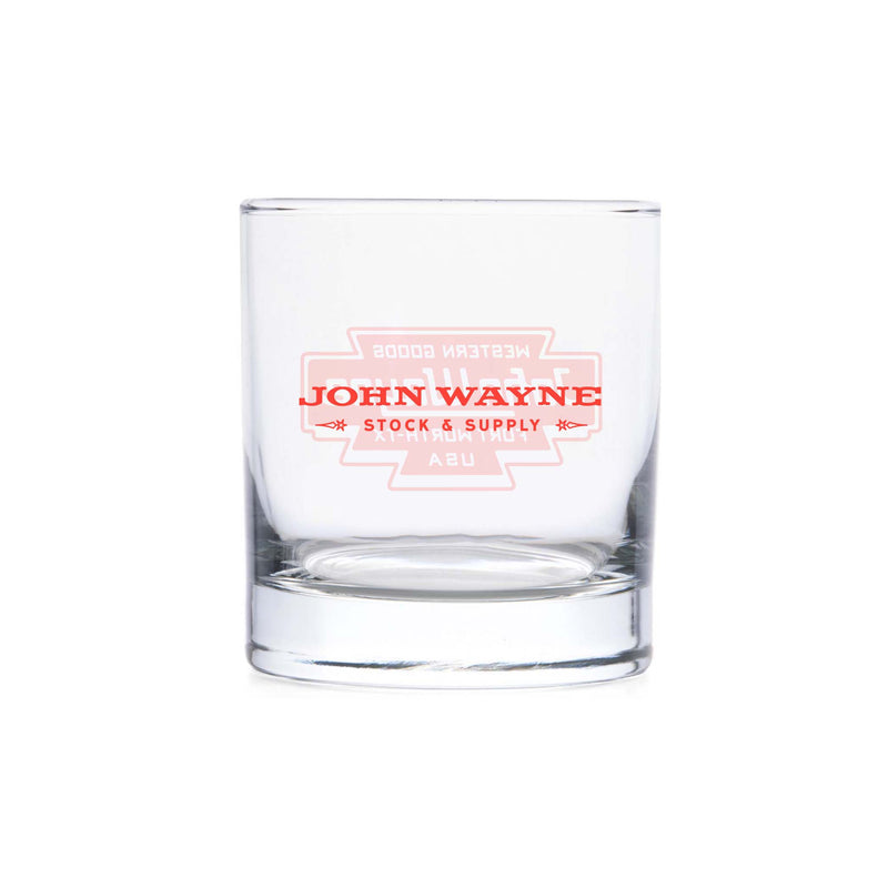 back of whiskey glass with john wayne stock & supply on it