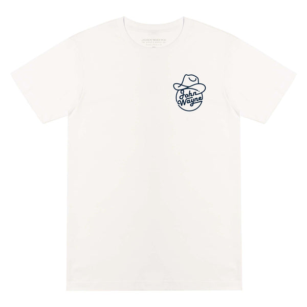 white t-shirt with  "john wayne" in circle with cowboy hat design on pocket