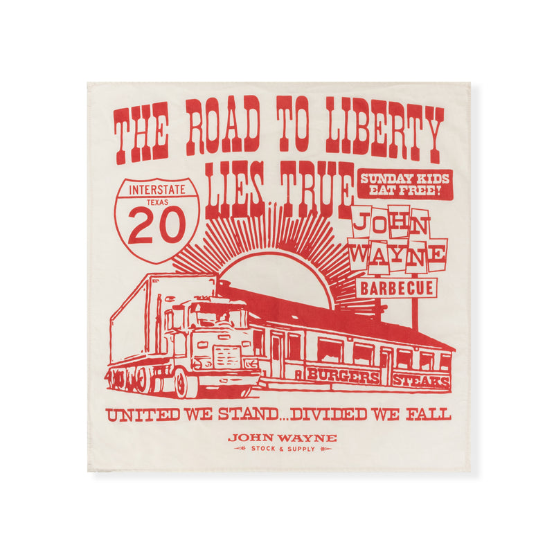 vintage white the road to liberty lies true bandana with john wayne barbecue building and truck graphic