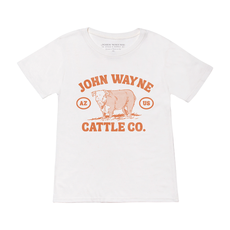 front of white kids tee with "john wayne cattle co." and cow design 