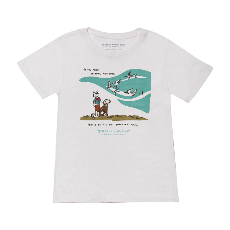 front of john wayne kids tee with cowboy and his dog looking at the birds flying design 
