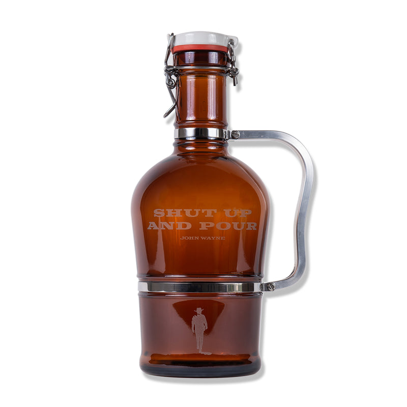 beer growler with Custom engraved "Shut Up and Pour" John Wayne quote with silhouette artwork