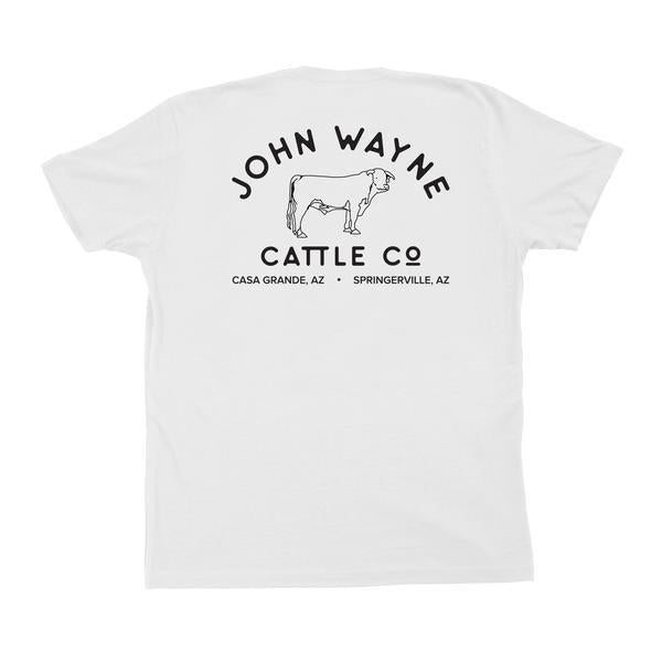 back of white t-shirt with cow and "cattle co" text below it