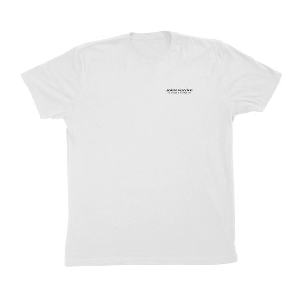 front of white t-shirt with "john wayne stock & supply" on pocket