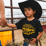 kid wearing black john wayne western goods fort worth texas kids hoodie