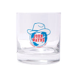 whiskey glass with "john wayne" on the world wearing cowboy hat design