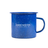 back of blue tin mug with "john wayne stock & supply"