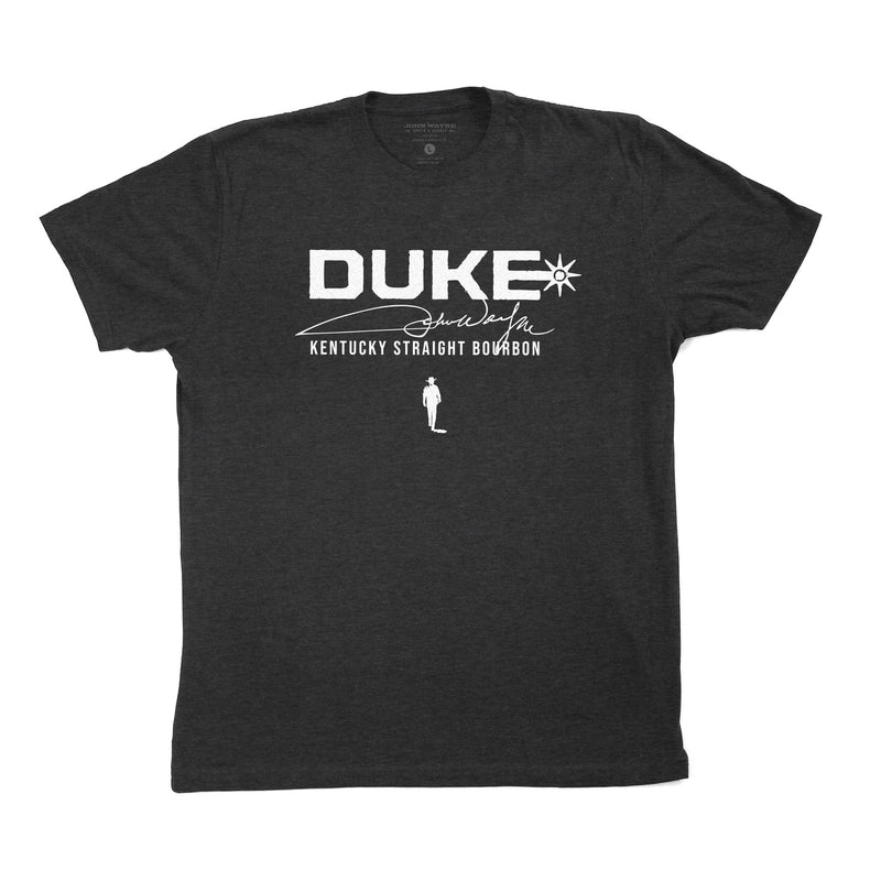 front of black t-shirt with "duke kentucky straight bourbon" and john wayne silhouette below it 