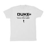 front of white t-shirt with "duke kentucky straight bourbon" and john wayne silhouette below it