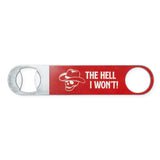 red bottle opener with skull wearing cowboy hat and "the hell I won't" text next to it