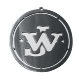 silver circular iron christmas ornament with JW 