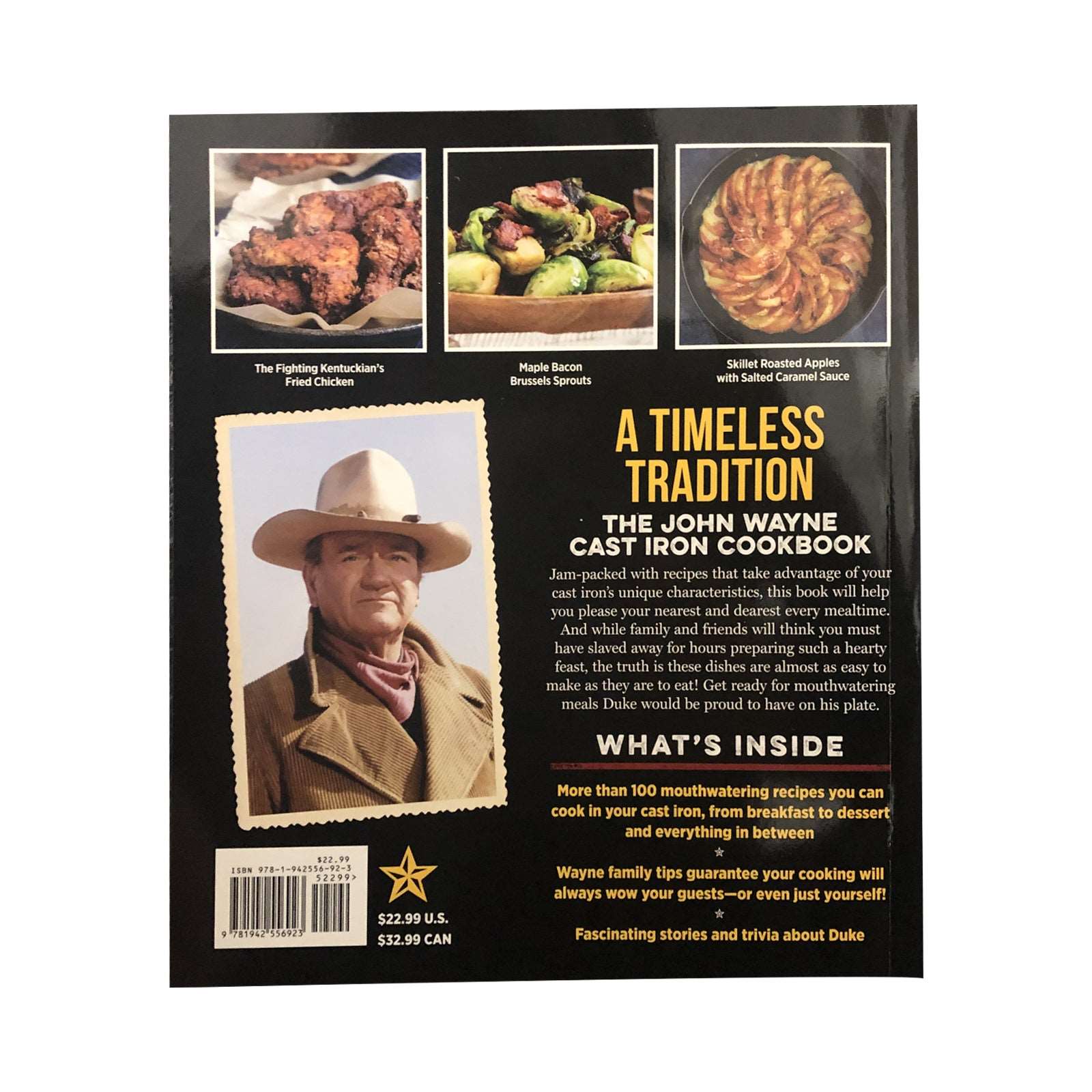 back of john wayne cast iron cookbook with short description, picture of john wayne, and some food