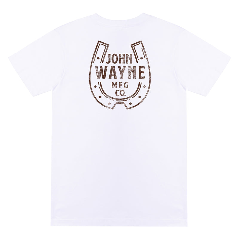 back of white t-shirt with john wayne MFG Co. and horse shoe design