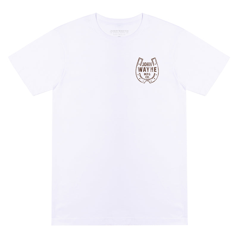 front of white t-shirt with john wayne MFG Co. and horse shoe design on pocket 