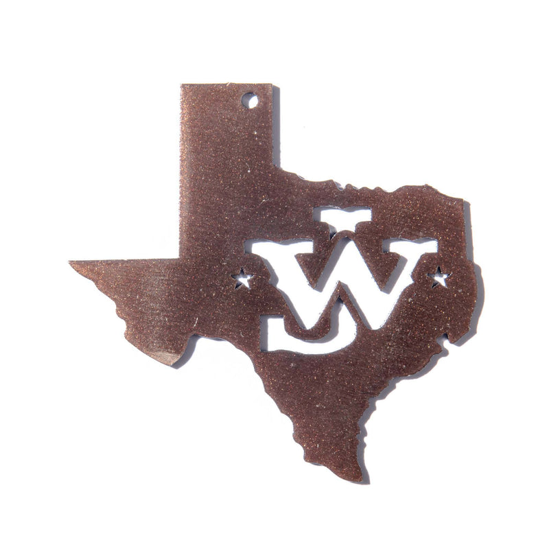 bronze JW ornament in the shape of Texas