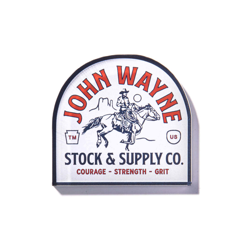 acrylic magnet with "john wayne stock & supply co." and john wayne riding horse design 