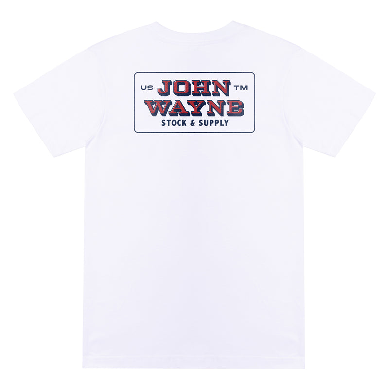 back of white t-shirt with john wayne stock & supply in square design 
