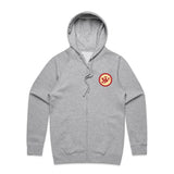 front of gray zip up with JW on pocket 