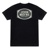 back of black t-shirt with john wayne stock & supply design 
