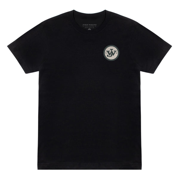 front of black t-shirt with JW on pocket 
