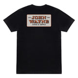 back of black t-shirt with john wayne stock & supply in square design