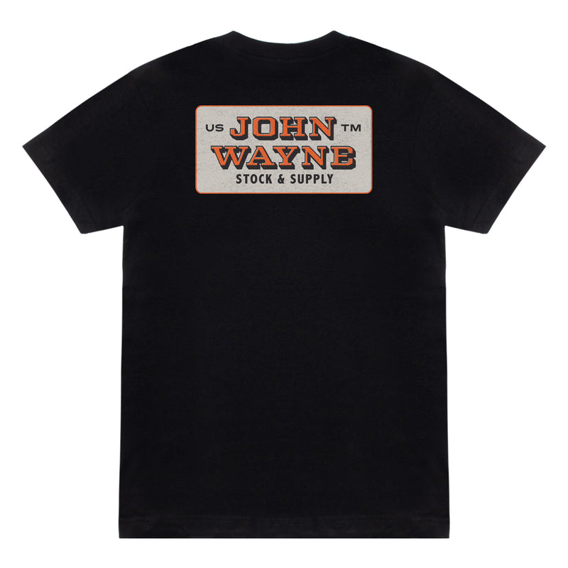 back of black t-shirt with john wayne stock & supply in square design