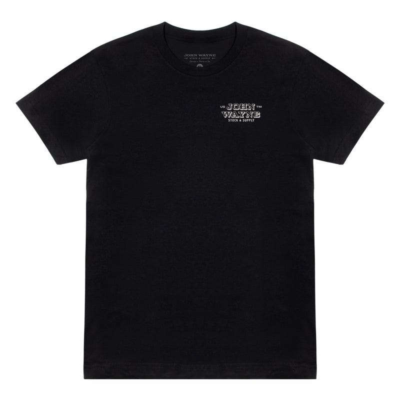 front of black t-shirt with john wayne stock & supply on pocket 