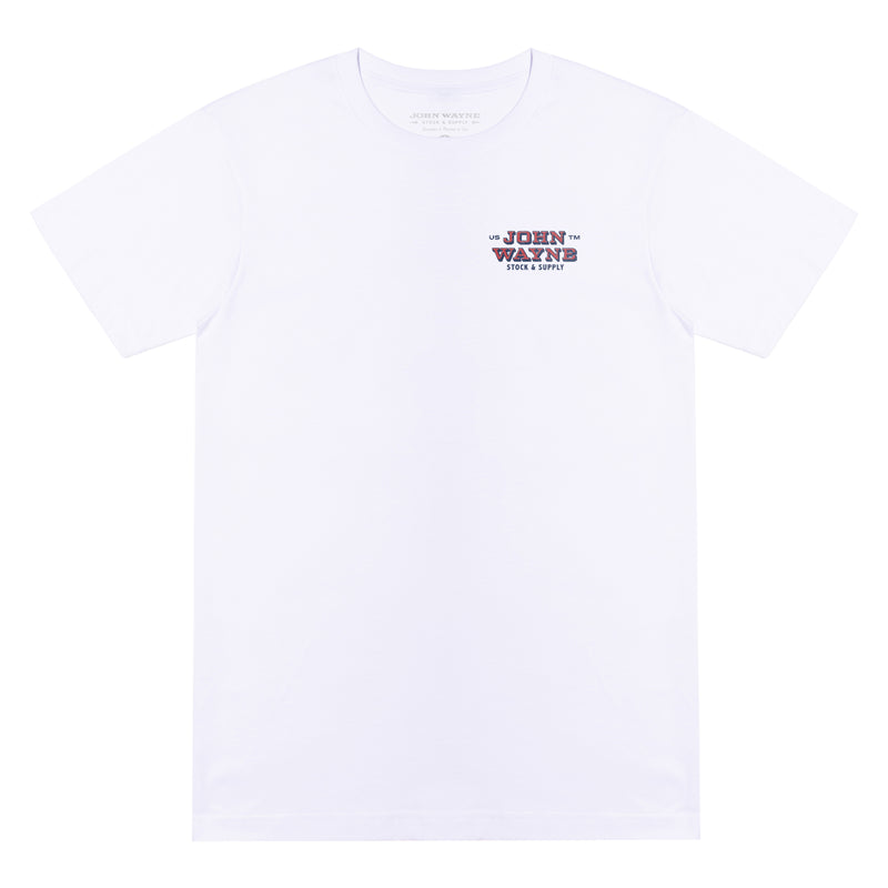 front of white t-shirt with john wayne stock & supply on pocket 