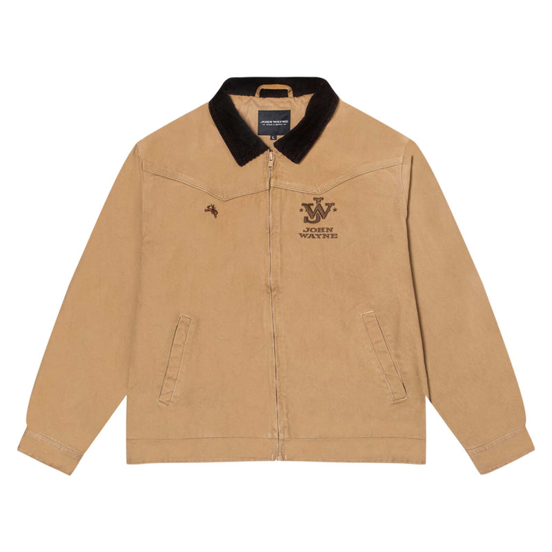 tan workwear jacket with john wayne initials and john wayne on bucking horse on each chest pocket