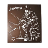 iron brown sign with " john wayne brand" and john wayne on horse holding gun on it