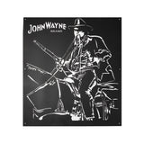 iron black sign with " john wayne brand" and john wayne on horse holding gun on it