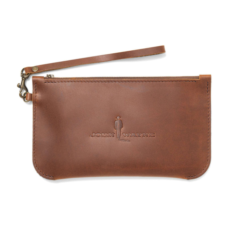 leather clutch with John Wayne silhouette and removable leather loop handle 