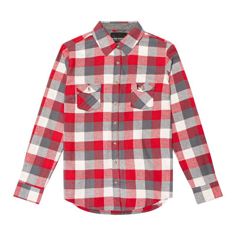 heather grey/red plaid womens woven long sleeve with john wayne silhouette on left chest pocket 