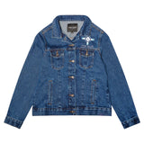denim womens jacket with tribal blue and white design on pocket 