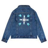 back of denim jacket with blue and white design 