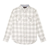 heather grey/white plaid womens woven long sleeve with john wayne silhouette on left chest pocket