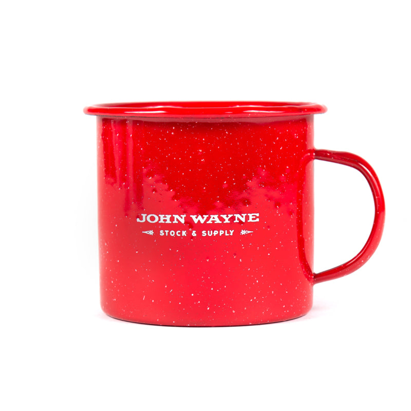 back of red mug with "john wayne stock & supply" in white font on it