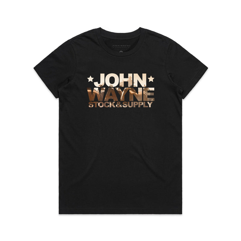  black john wayne stock & supply t-shirt with photo of roping cattle in font