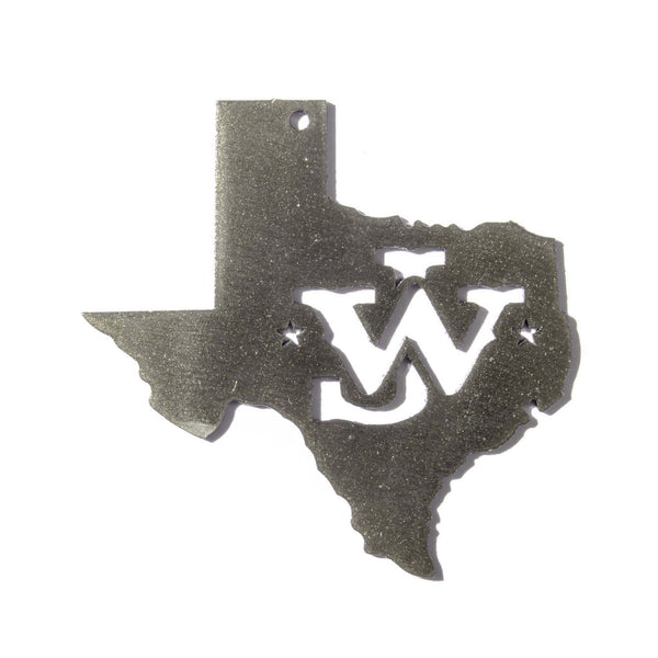 silver JW ornament in the shape of Texas