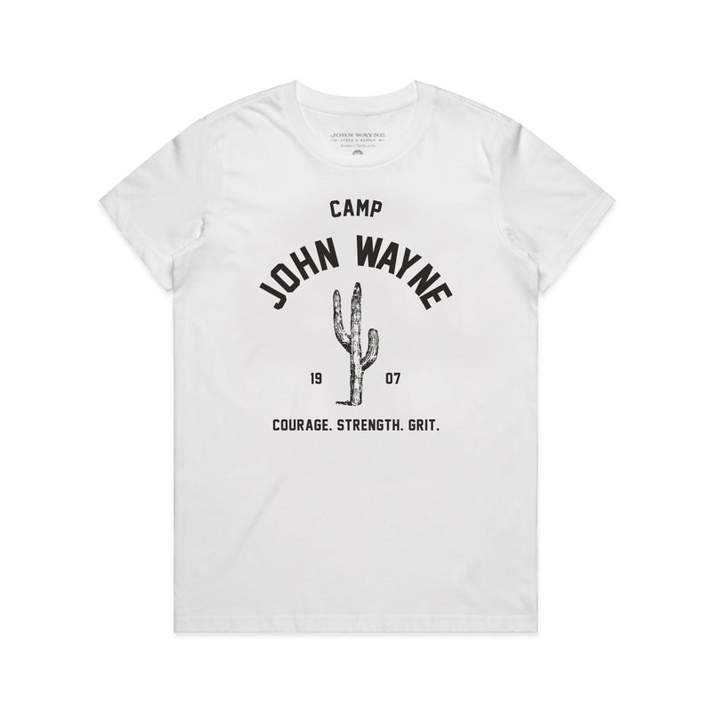 front of white women's t-shirt with "camp john wayne" and cactus design 