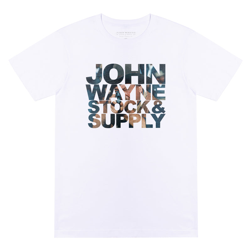 front of white t-shirt with john wayne pointing gun in "john wayne stock & supply" words
