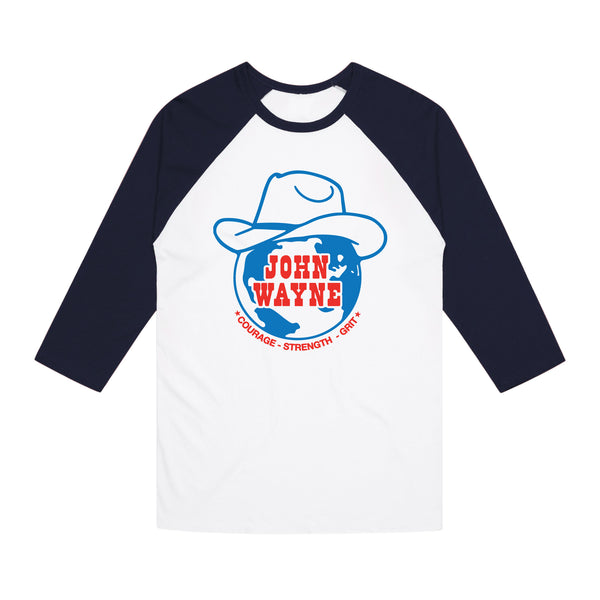 front of long sleeve with world wearing cowboy hat and "john wayne" on it 