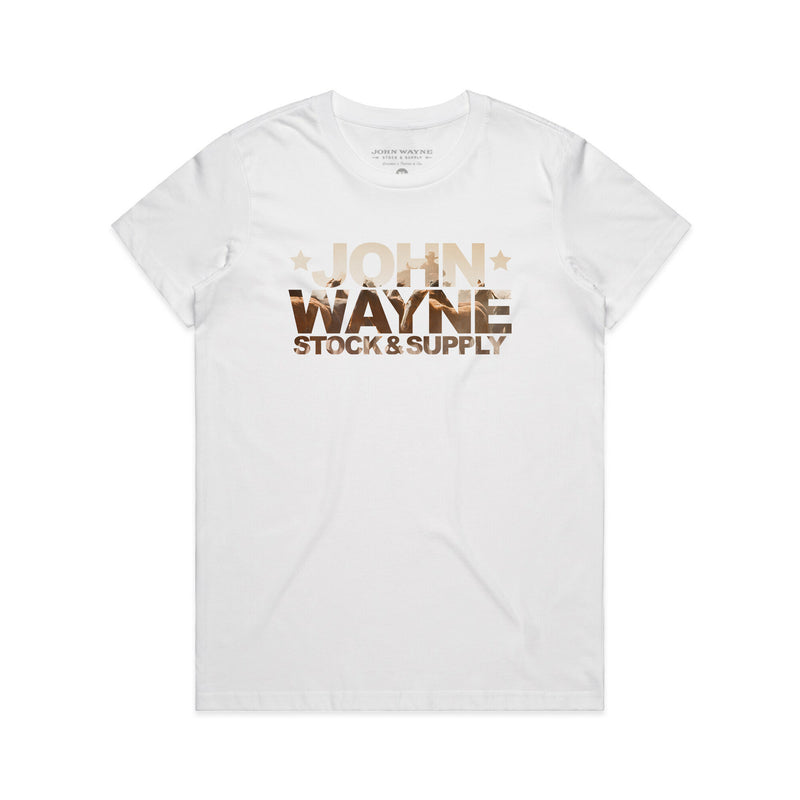 white john wayne stock & supply t-shirt with photo of roping cattle in font